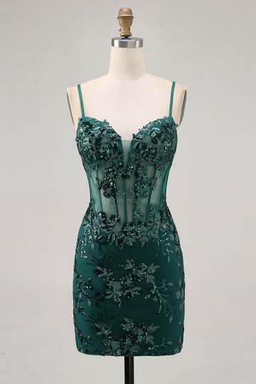 Dark Green Bodycon Backless Sheer Corset Short Prom Dress with Sequins